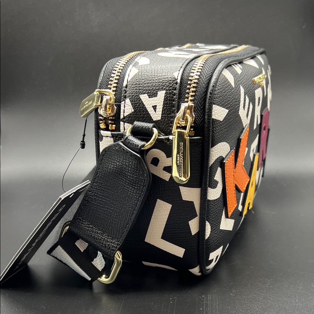 Karl Lagerfeld Black Crossbody Bag  Camera Bag with Multicolor Letters NEW - Picture 4 of 13